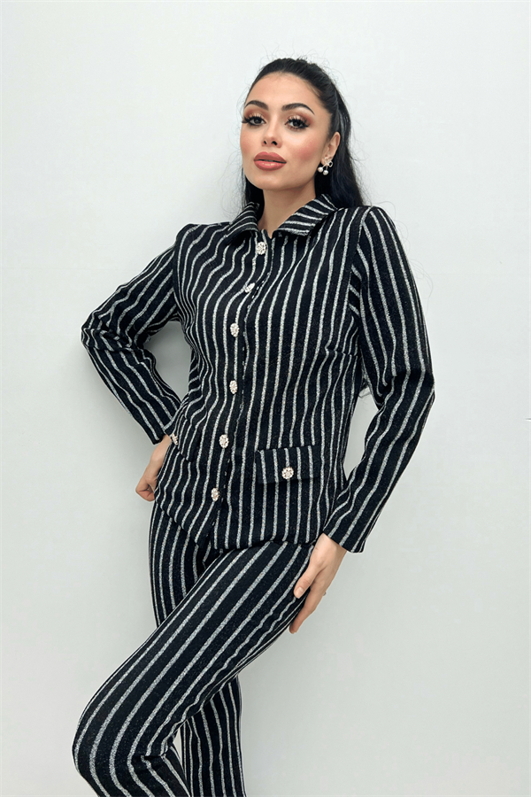 Simli Krep Kumaş Düğme Detaylı Ceket - SİYAH