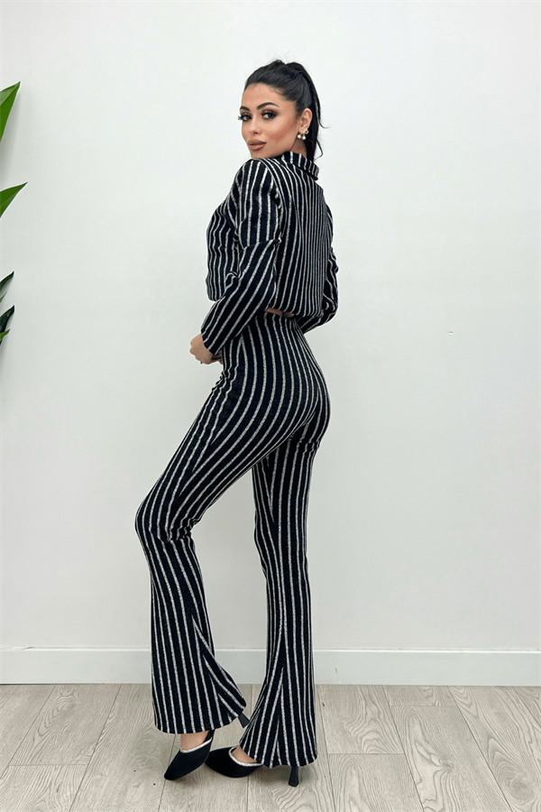 Simli Krep Kumaş Düğme Detaylı Ceket - SİYAH