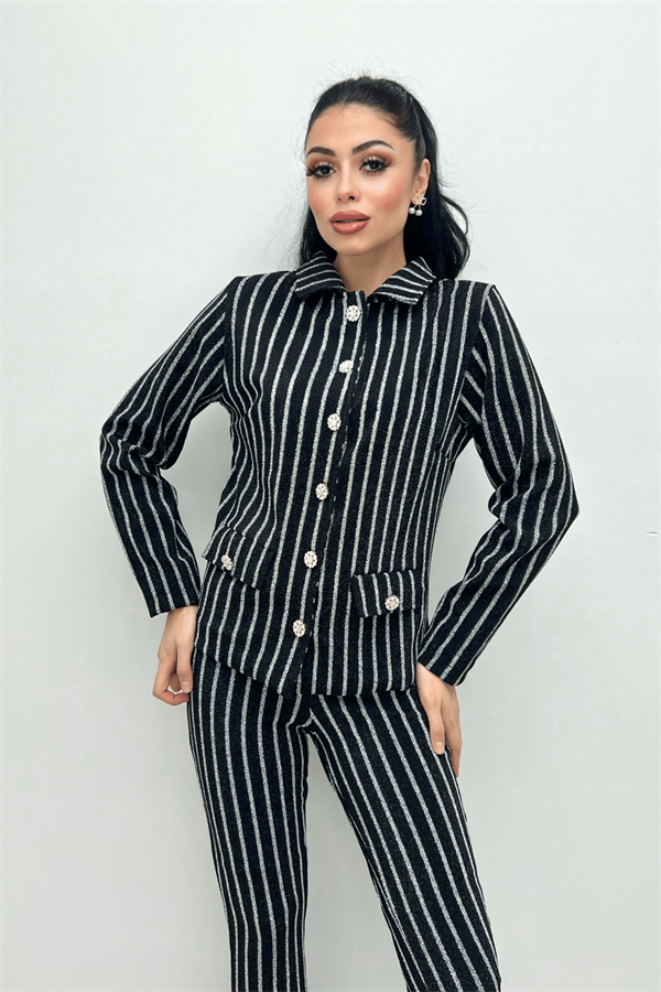 Simli Krep Kumaş Düğme Detaylı Ceket - SİYAH