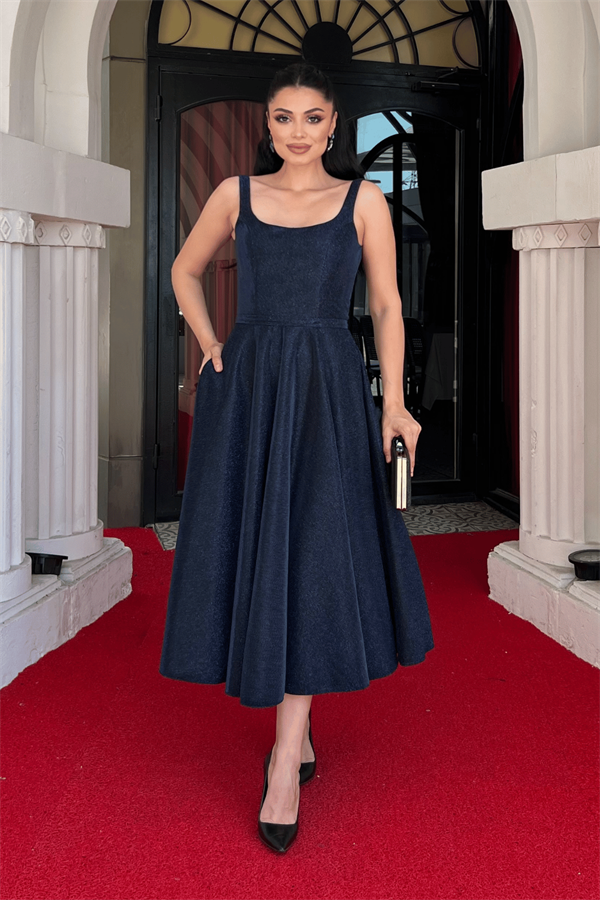 Simli Kumaş Askılı Midi Elbise - LACİVERT