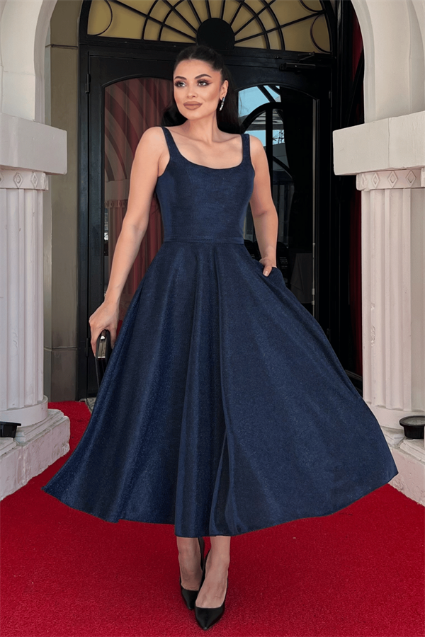 Simli Kumaş Askılı Midi Elbise - LACİVERT