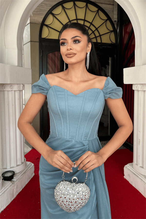 Simli Kumaş Balen Detaylı Abiye Elbise - SU YEŞİLİ