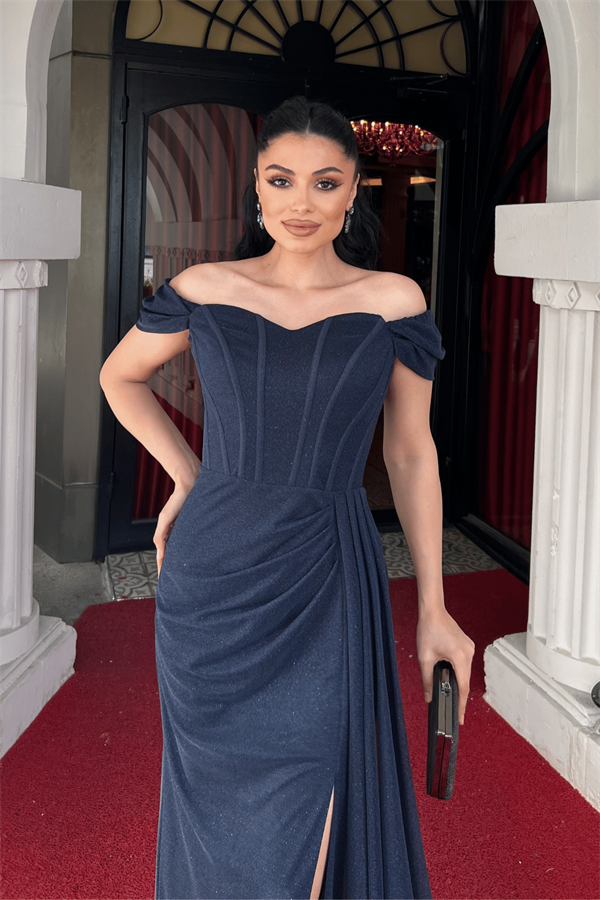 Simli Kumaş Balen Detaylı Abiye Elbise - LACİVERT