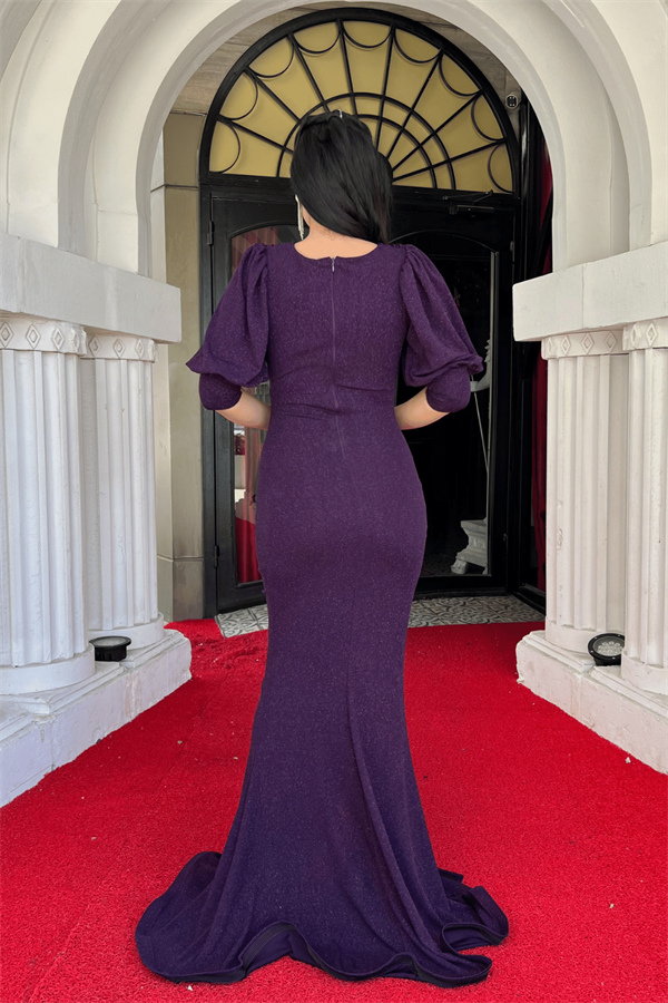 Simli Kumaş Balık Model Volan Detaylı Abiye Elbise - PATLICAN MOR