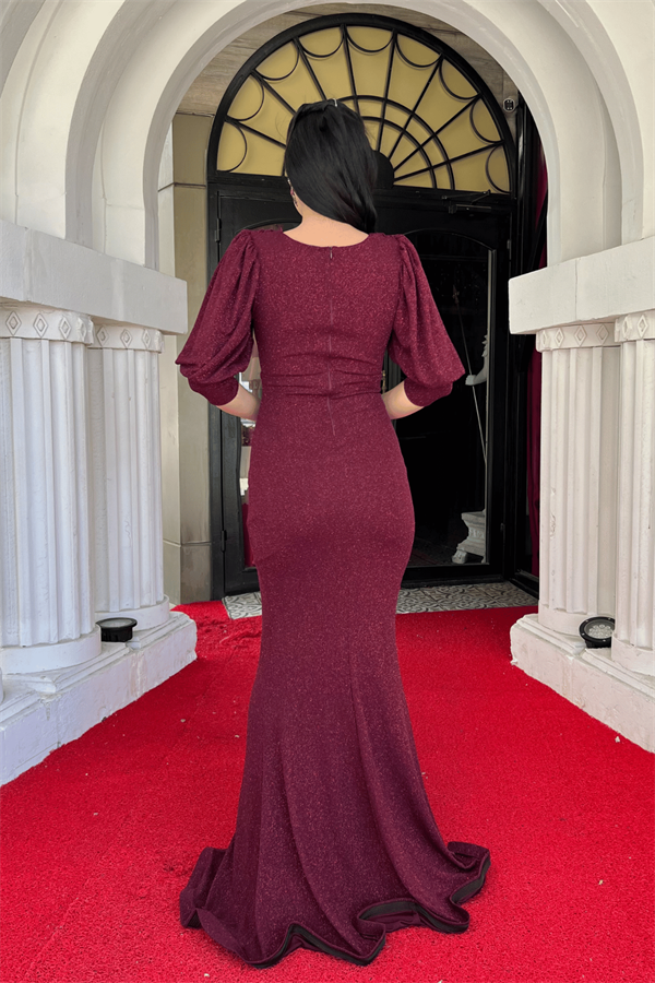 Simli Kumaş Balık Model Volan Detaylı Abiye Elbise - BORDO