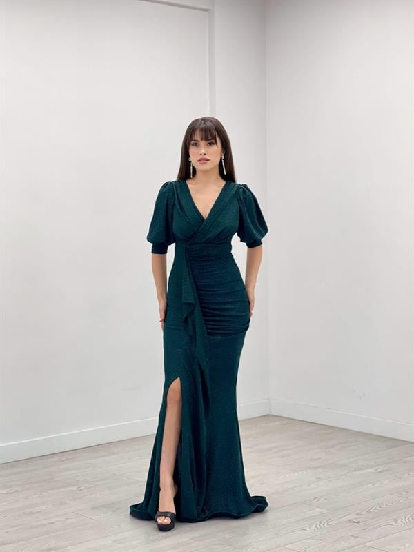 Simli Kumaş Balık Model Volan Detaylı Abiye Elbise - ZÜMRÜT YEŞİL