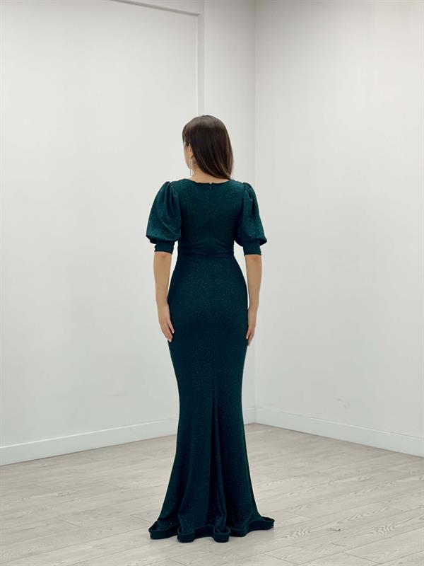 Simli Kumaş Balık Model Volan Detaylı Abiye Elbise - ZÜMRÜT YEŞİL