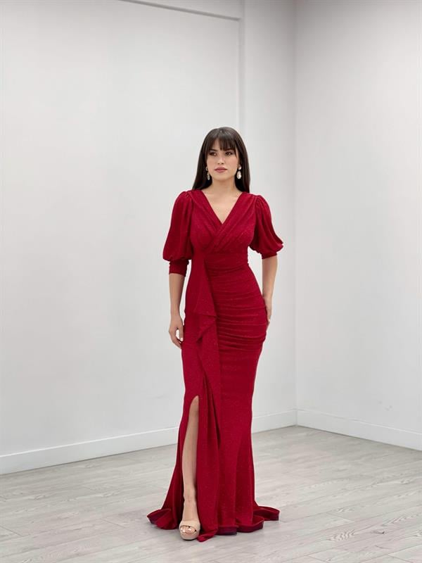 Simli Kumaş Balık Model Volan Detaylı Abiye Elbise - KIRMIZI