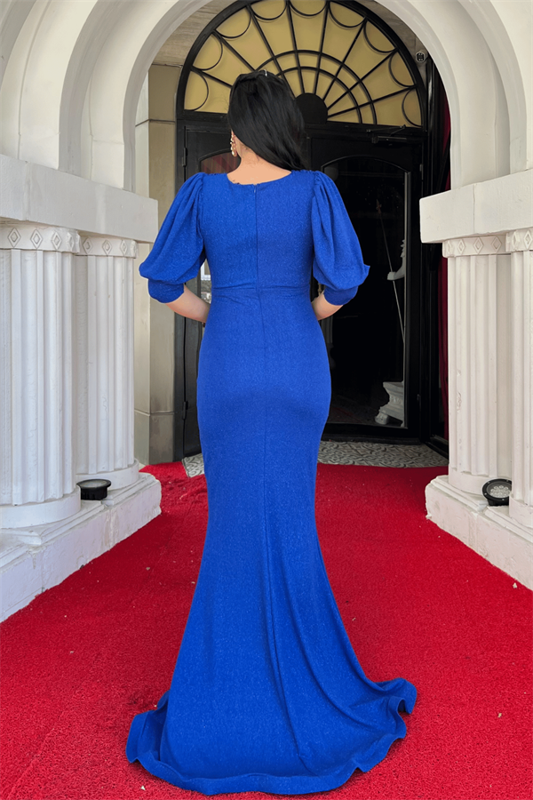 Simli Kumaş Balık Model Volan Detaylı Abiye Elbise - SAKS MAVİ