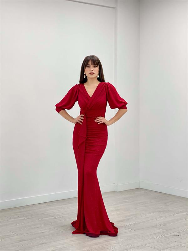 Simli Kumaş Balık Model Volan Detaylı Abiye Elbise - KIRMIZI