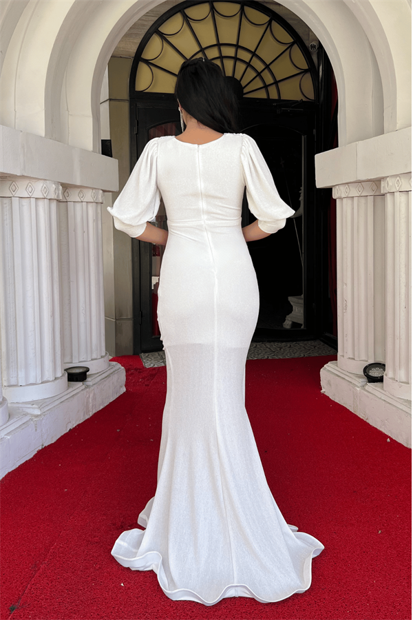 Simli Kumaş Balık Model Volan Detaylı Abiye Elbise - BEYAZ