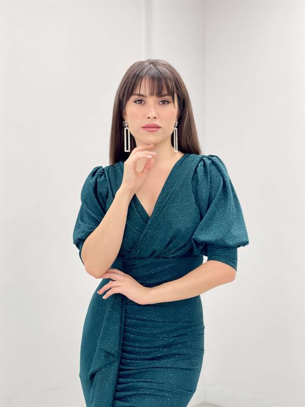 Simli Kumaş Balık Model Volan Detaylı Abiye Elbise - ZÜMRÜT YEŞİL