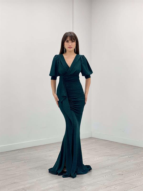 Simli Kumaş Balık Model Volan Detaylı Abiye Elbise - ZÜMRÜT YEŞİL