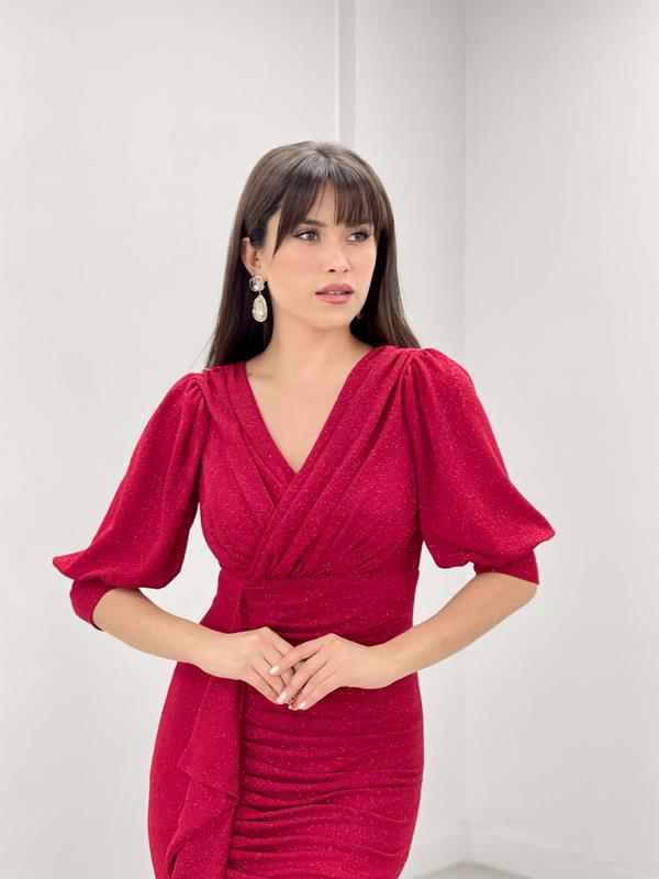 Simli Kumaş Balık Model Volan Detaylı Abiye Elbise - KIRMIZI