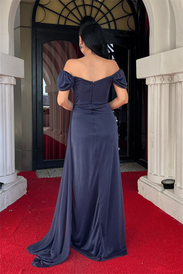 Simli Kumaş Büzgü Detaylı Balık Abiye Elbise - LACİVERT