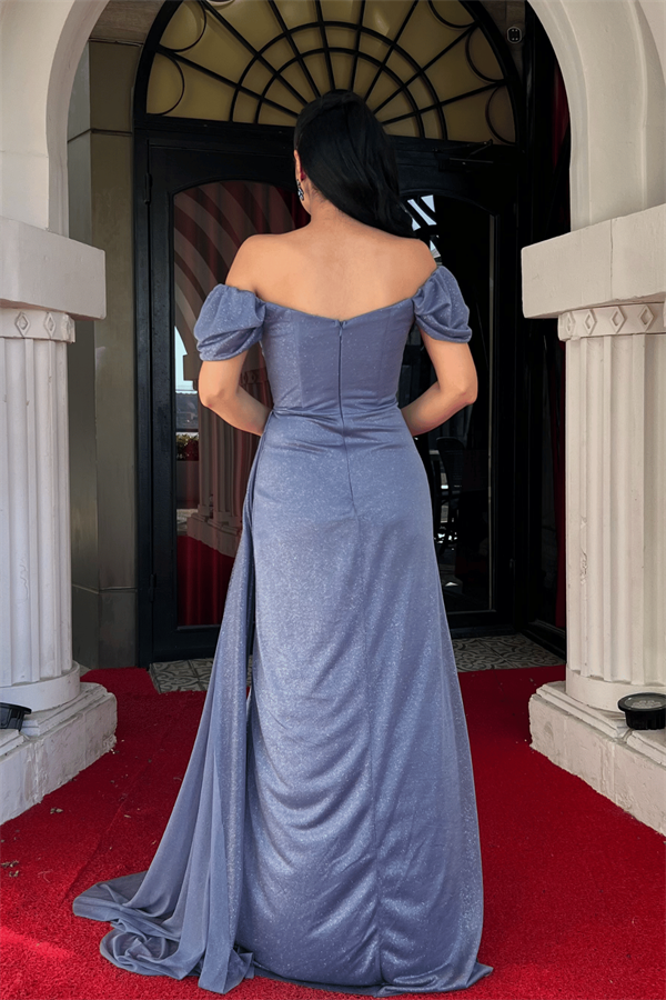 Simli Kumaş Büzgü Detaylı Balık Abiye Elbise - İNDİGO MAVİ