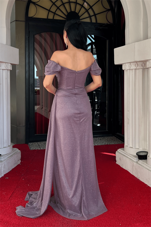 Simli Kumaş Büzgü Detaylı Balık Abiye Elbise - LİLA