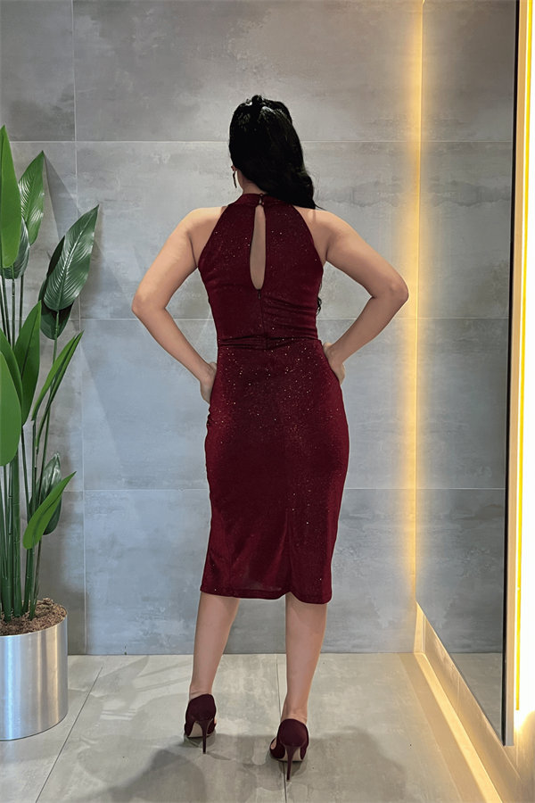 Simli Kumaş Büzgü Detaylı Kalem  Elbise - BORDO