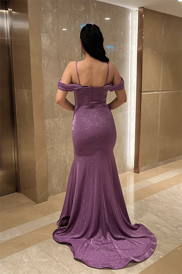 Simli Kumaş Degaje Yaka Abiye Elbise - LİLA