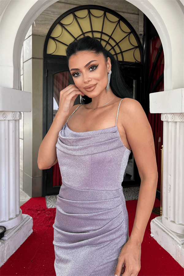 Simli Kumaş Degaje Yaka Abiye Elbise - PUDRA