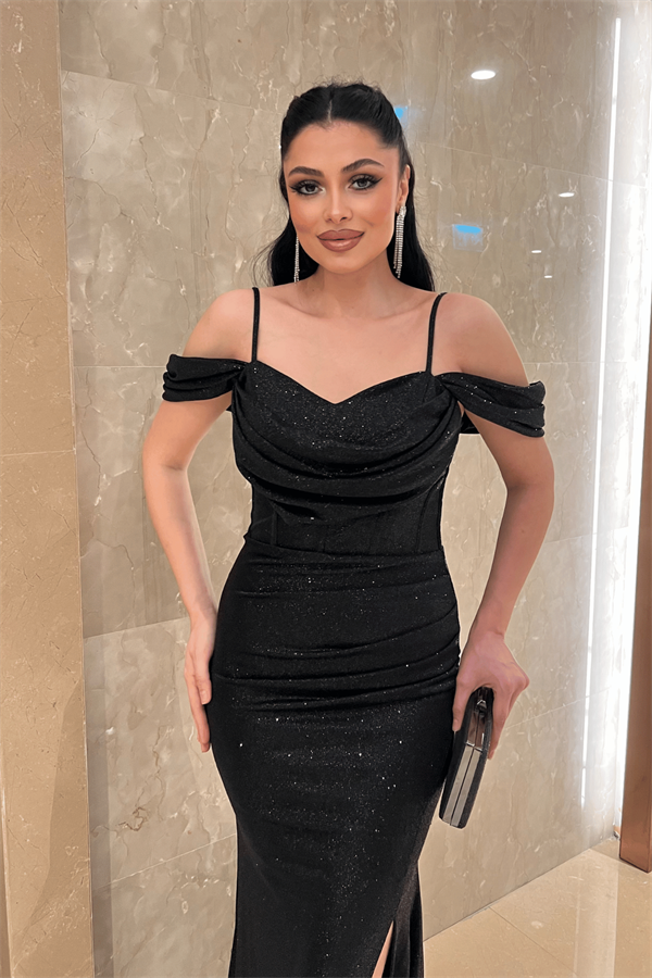 Simli Kumaş Degaje Yaka Abiye Elbise - SİYAH