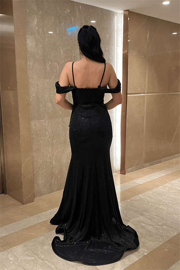 Simli Kumaş Degaje Yaka Abiye Elbise - SİYAH