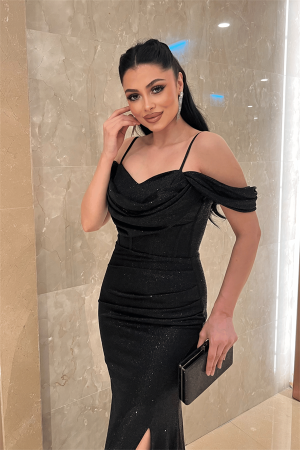 Simli Kumaş Degaje Yaka Abiye Elbise - SİYAH