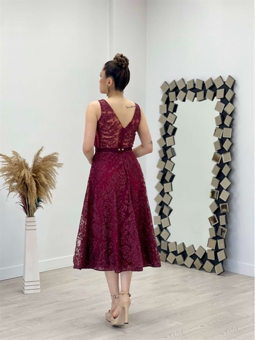 فستان ميدي بحزام سميك من قماش فضي - بورجوندي