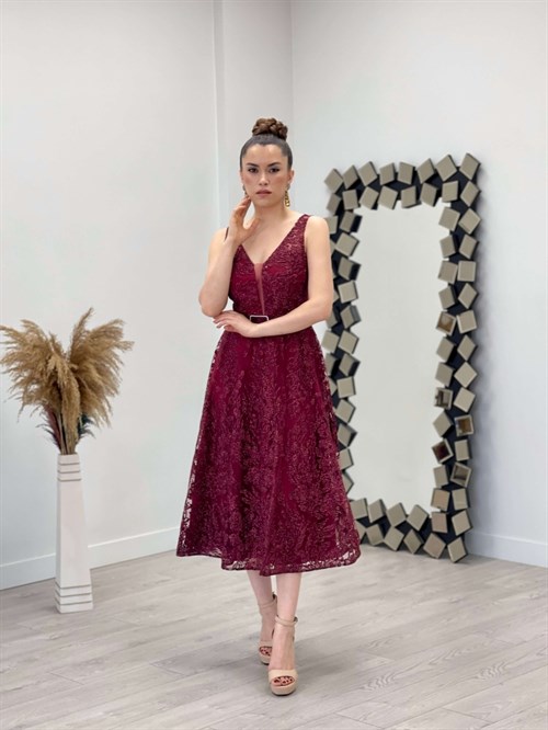 فستان ميدي بحزام سميك من قماش فضي - بورجوندي