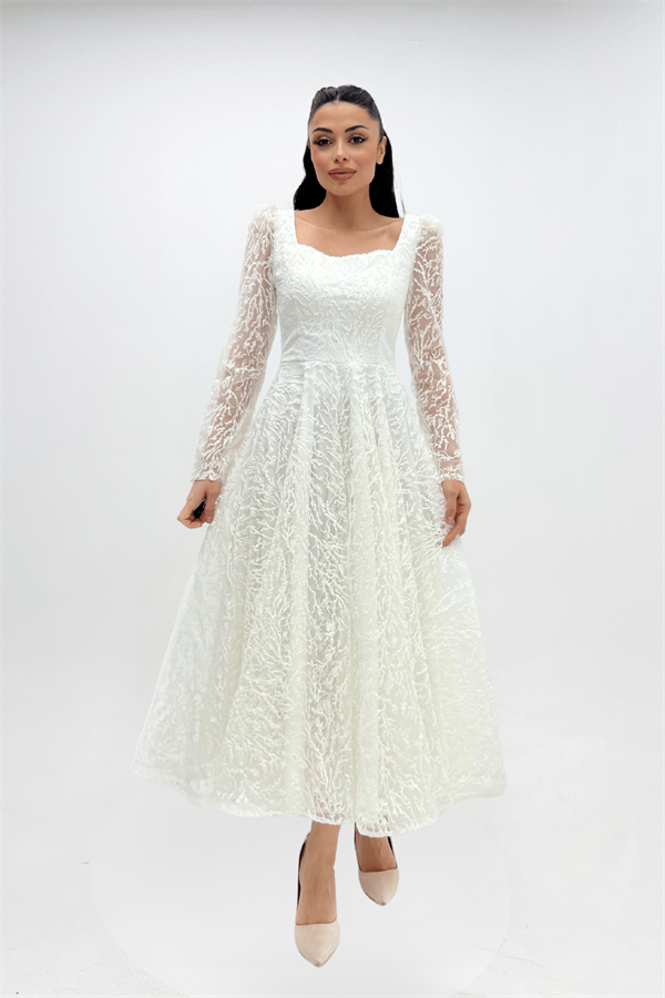 Simli Kumaş Kare Yaka Midiboy Elbise - BEYAZ