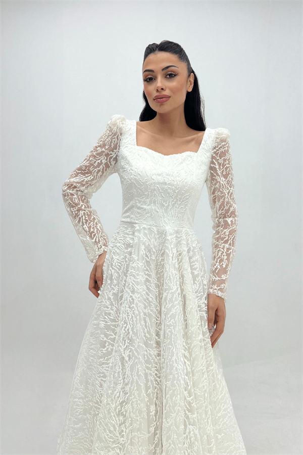 Simli Kumaş Kare Yaka Midiboy Elbise - BEYAZ