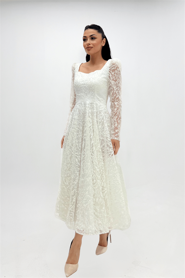 Simli Kumaş Kare Yaka Midiboy Elbise - BEYAZ