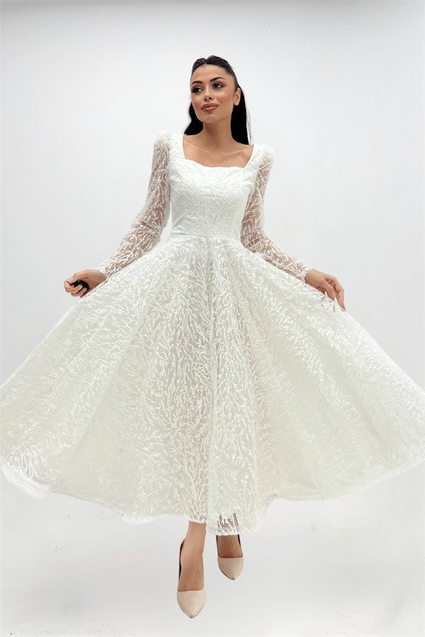 Simli Kumaş Kare Yaka Midiboy Elbise - BEYAZ