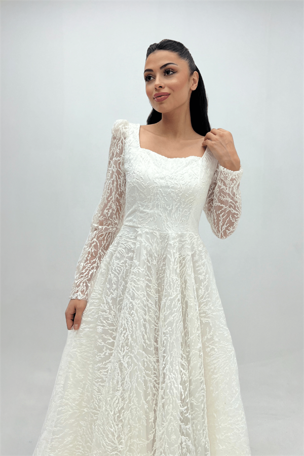 Simli Kumaş Kare Yaka Midiboy Elbise - BEYAZ