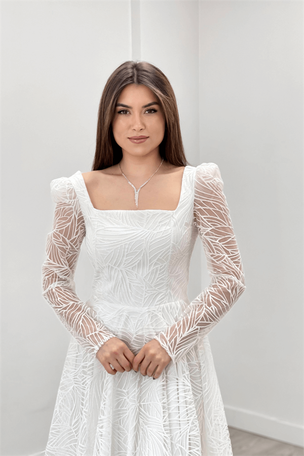 Simli Kumaş Kare Yaka Midiboy Elbise - BEYAZ