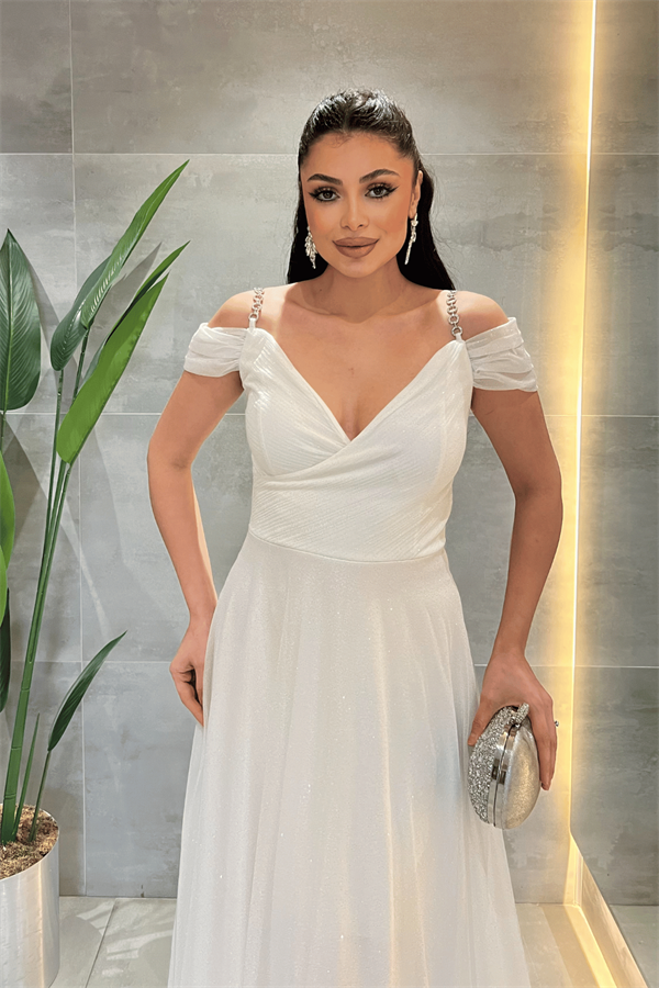 Simli Kumaş Kayık Yaka Abiye Elbise - BEYAZ