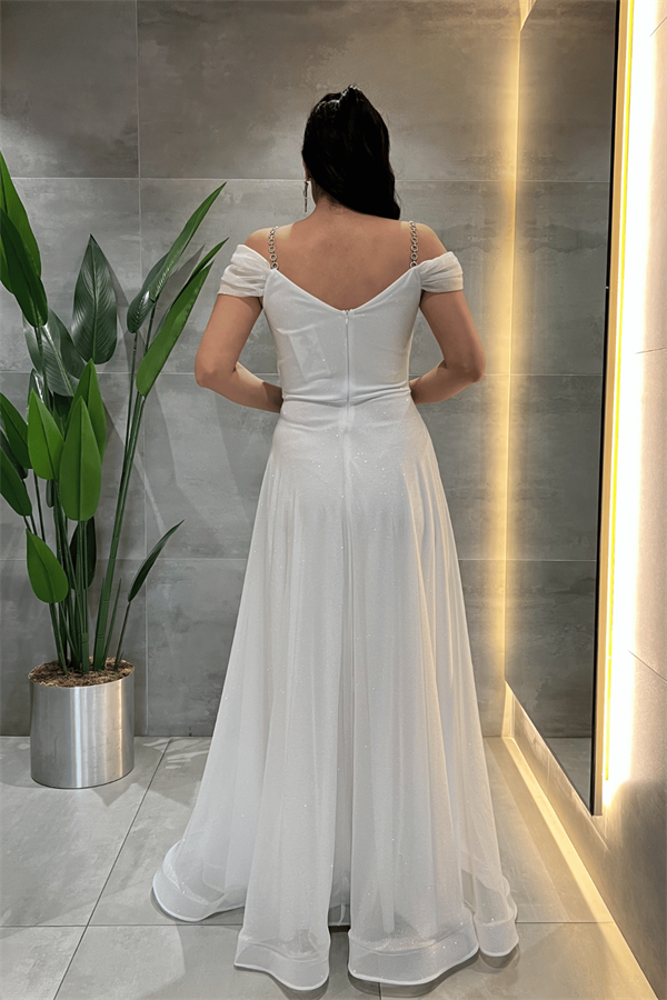 Simli Kumaş Kayık Yaka Abiye Elbise - BEYAZ