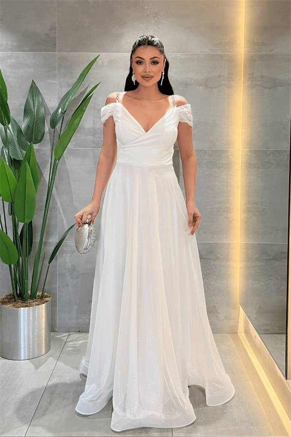 Simli Kumaş Kayık Yaka Abiye Elbise - BEYAZ