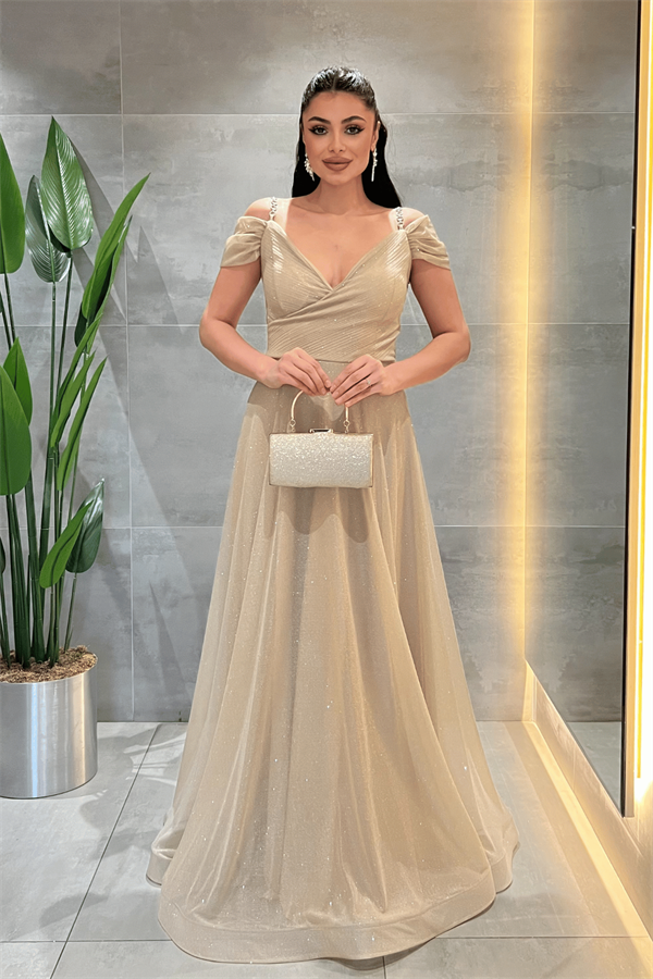 Simli Kumaş Kayık Yaka Abiye Elbise - GOLD