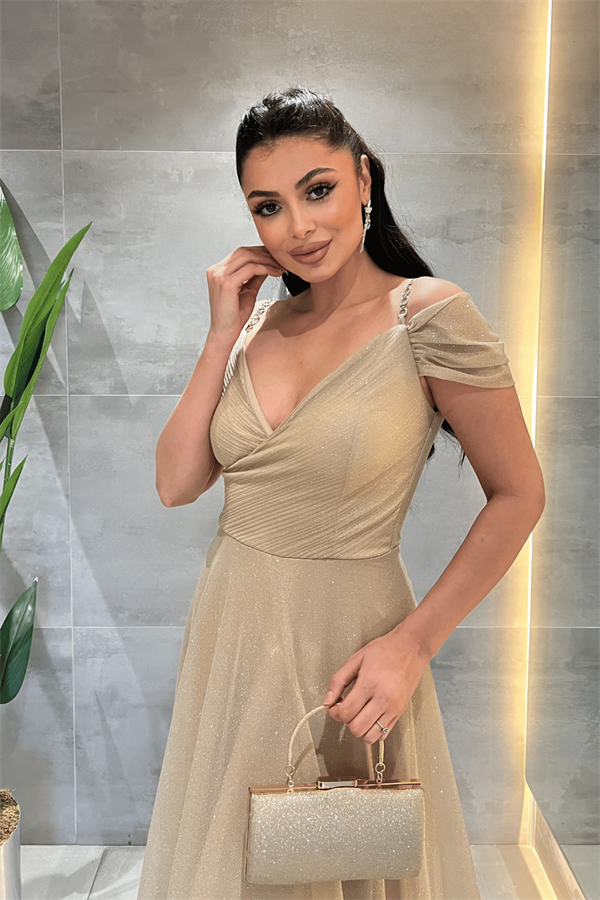 Simli Kumaş Kayık Yaka Abiye Elbise - GOLD