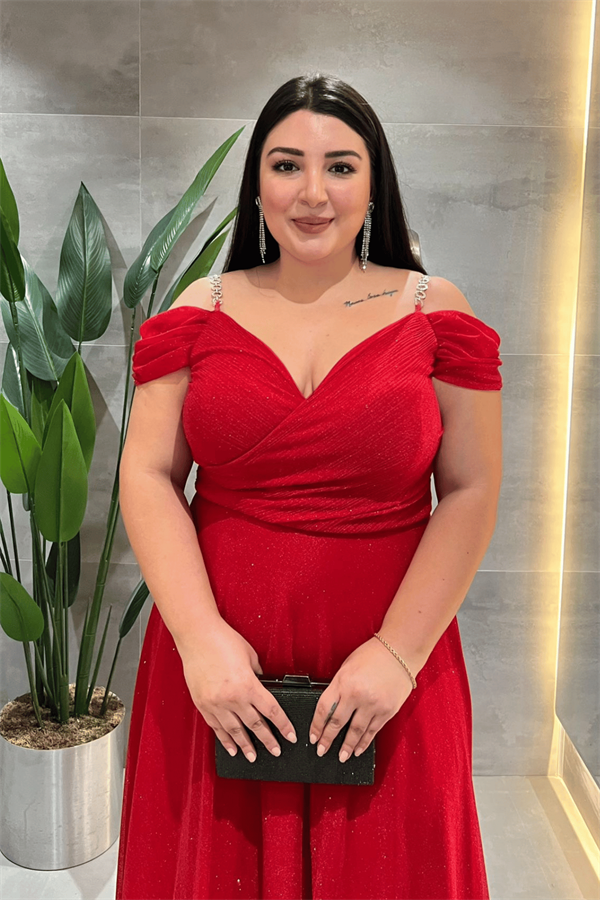 Simli Kumaş Kayık Yaka Abiye Elbise - KIRMIZI