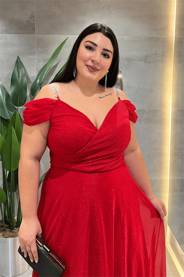 Simli Kumaş Kayık Yaka Abiye Elbise - KIRMIZI