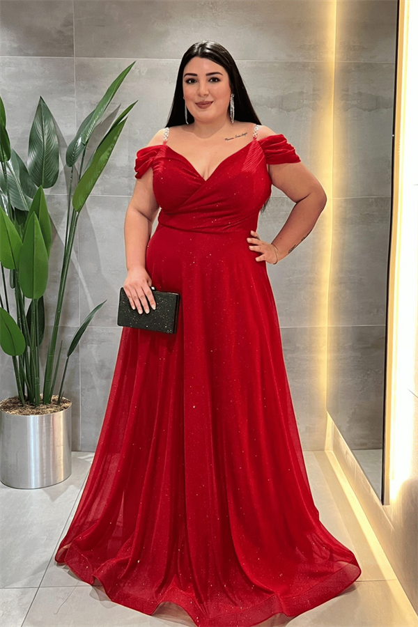 Simli Kumaş Kayık Yaka Abiye Elbise - KIRMIZI