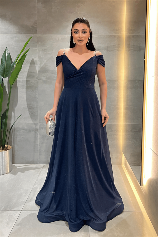 Simli Kumaş Kayık Yaka Abiye Elbise - LACİVERT