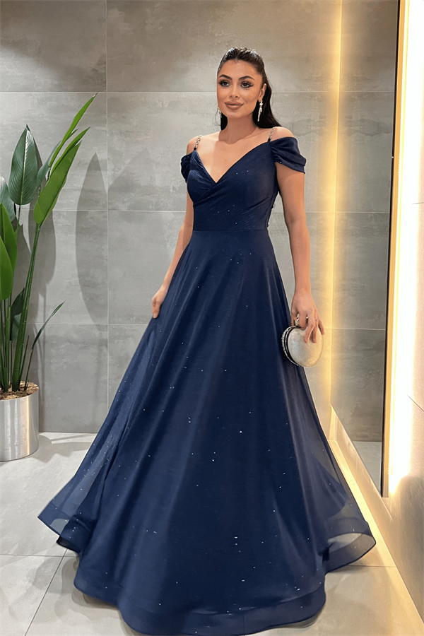 Simli Kumaş Kayık Yaka Abiye Elbise - LACİVERT