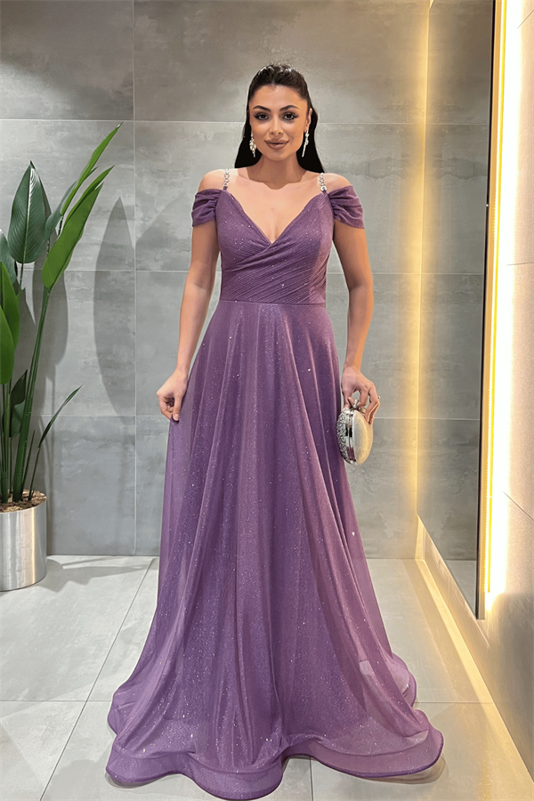 Simli Kumaş Kayık Yaka Abiye Elbise - LİLA