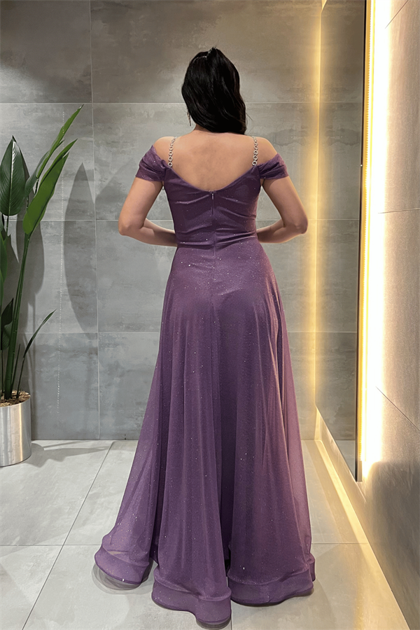 Simli Kumaş Kayık Yaka Abiye Elbise - MOR