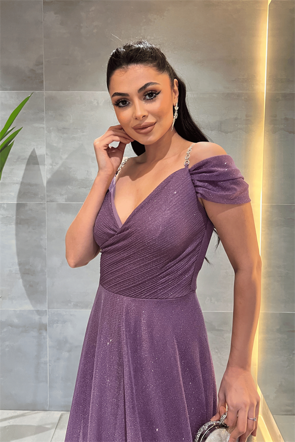 Simli Kumaş Kayık Yaka Abiye Elbise - MOR