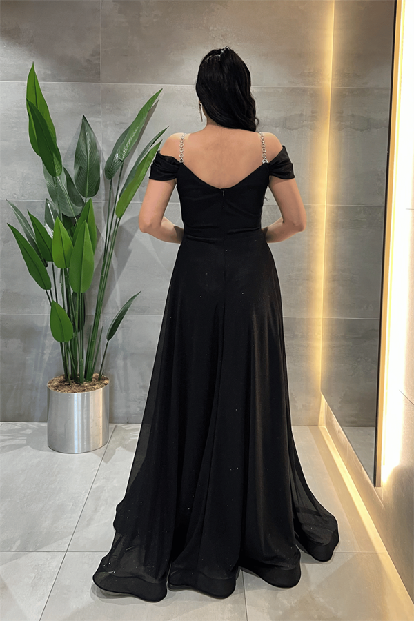 Simli Kumaş Kayık Yaka Abiye Elbise - SİYAH