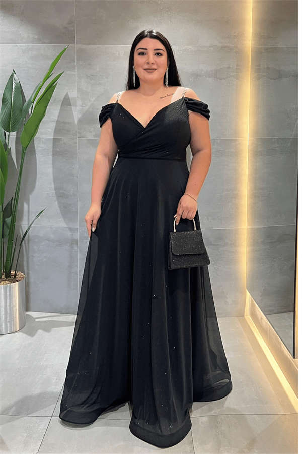 Simli Kumaş Kayık Yaka Abiye Elbise - SİYAH